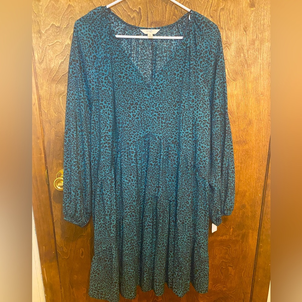 Terra & Sky Plus Pleated Green Blue Black Leopard Long Sleeve Dress Size 0X